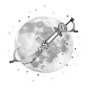 A gun and sword crossed over a heart-shaped moon, with elements of nature entwined around them tattoo design idea
