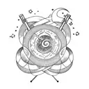 A gun and sword crossed over a heart-shaped moon, with elements of nature entwined around them tattoo design idea