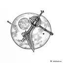 A gun and sword crossed over a heart-shaped moon, with elements of nature entwined around them tattoo design idea