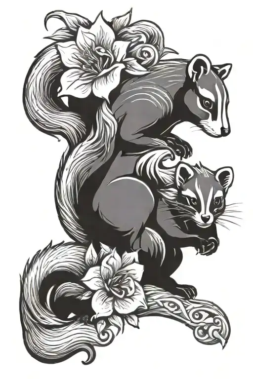 ancient symbol mother and child, flower, skunk playing tattoo design idea