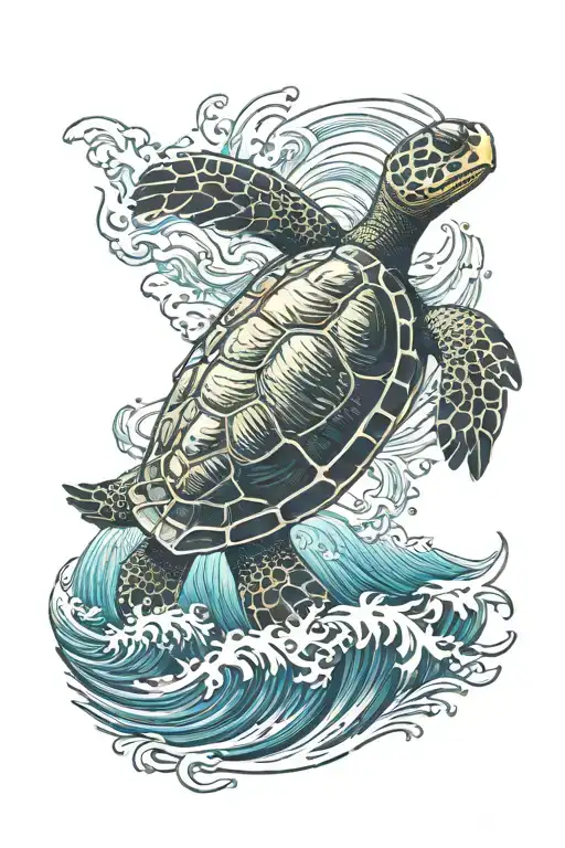 turtle swimming through tsunami waves crashing in the background tattoo design idea