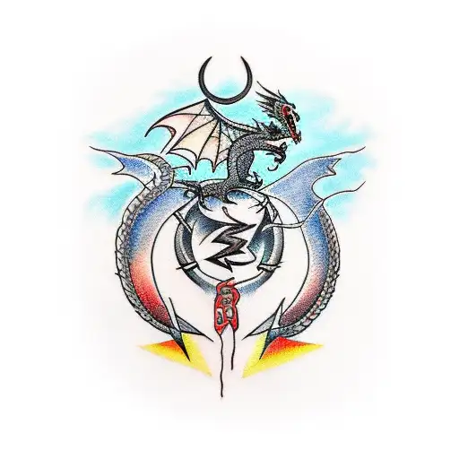 tattoo sleeve with a dragon with crows moon and lightning tattoo design idea