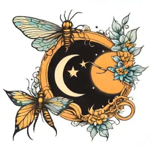 sun and moon with dragonfly tattoo design idea