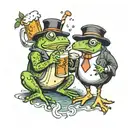 frog and a penguin having a pint together tattoo design idea