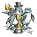 frog and a penguin having a pint together tattoo design idea