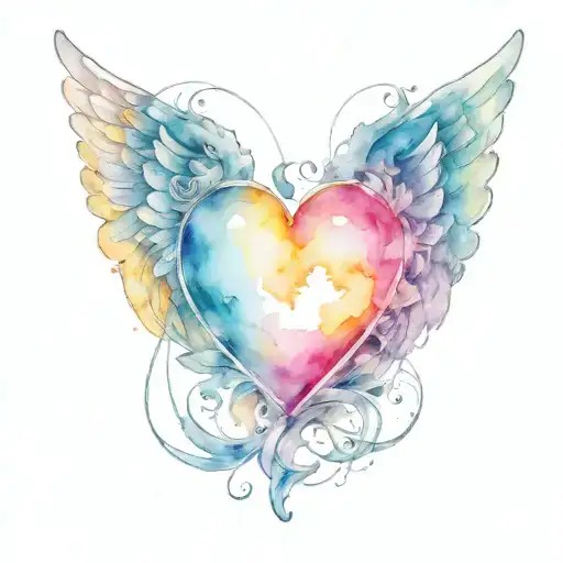 heart with halo and angel wings tattoo design idea