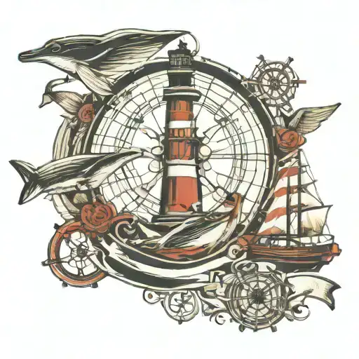 lighthouse, ship wheel, anchor, flying whales  tattoo design idea