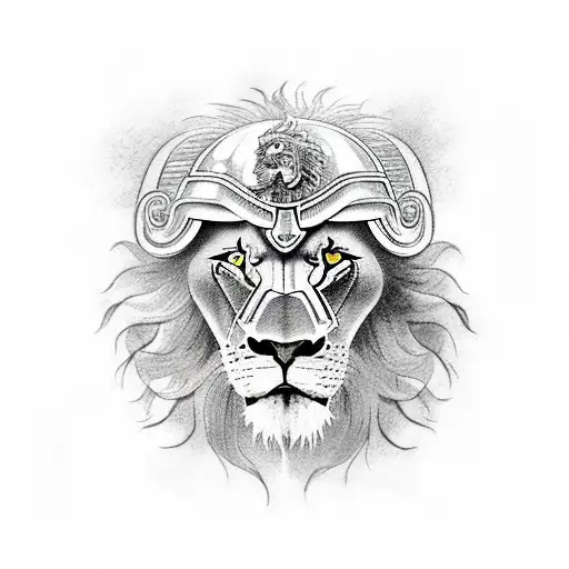 A lion riding a motorcycle through the sea with a spartan helmet on tattoo design idea