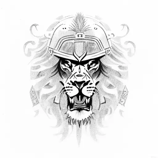 A lion riding a motorcycle through the sea with a spartan helmet on tattoo design idea