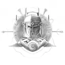 A spartan warrior welding together a motorcycle with musical notes and game controllers as the tools tattoo design idea