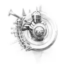 A spartan warrior welding together a motorcycle with musical notes and game controllers as the tools tattoo design idea