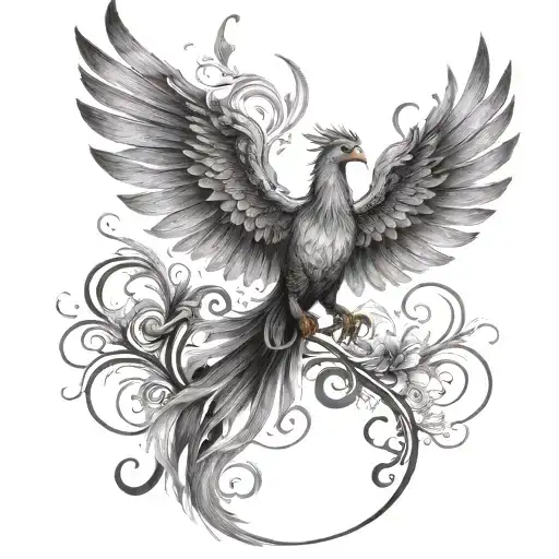A powerful design incorporating symbols of healing trauma, such as a phoenix rising from the ashes, in a blackwork style tattoo design idea