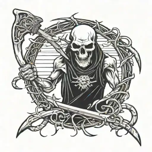 barbed wire bull skull reaper holding a scythe tattoo design idea