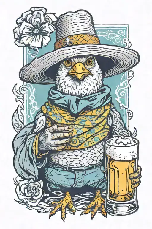 Chick with feria scarf a straw hat and a glass of beer in hand tattoo design idea