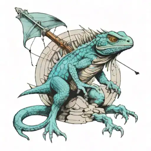 Create a sketch of a tattoo: a lizard with a massive crossbow in its hands wrapped around a stone with its tail, and on top of a bat tattoo design idea
