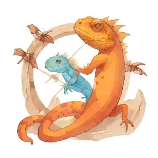 Create a sketch of a tattoo: a lizard with a massive crossbow in its hands wrapped around a stone with its tail, and on top of a bat tattoo design idea