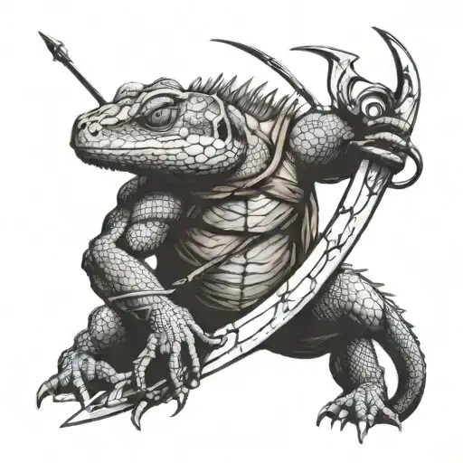 Create a sketch of a tattoo: a lizard with a massive crossbow in its hands wrapped around a stone with its tail, and on top of a bat tattoo design idea