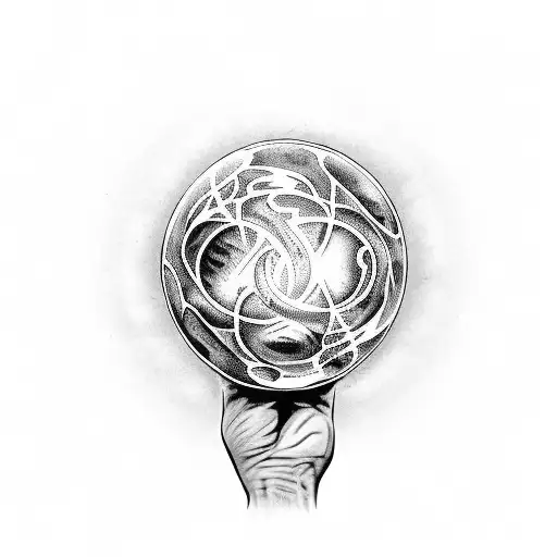 a hand faced up holding a ball of magic, which has elements of air, water, fire, lighting and earth tattoo design idea