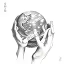 a hand faced up holding a ball of magic, which has elements of air, water, fire, lighting and earth tattoo design idea