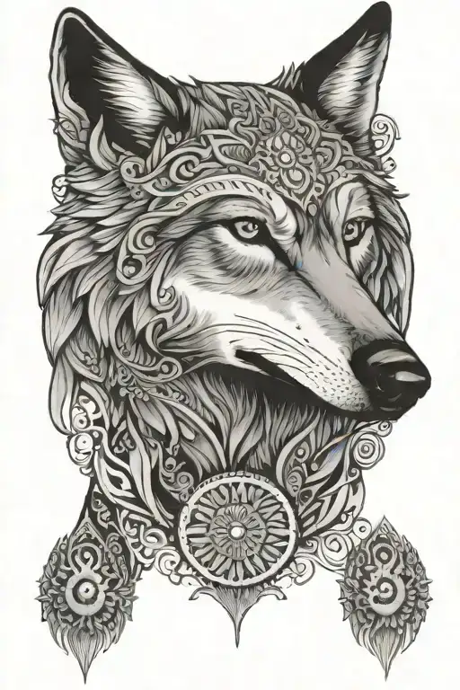 wolf front on view with mandala background  tattoo design idea