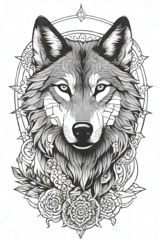 wolf front on view with mandala design incorporating elements tattoo design idea