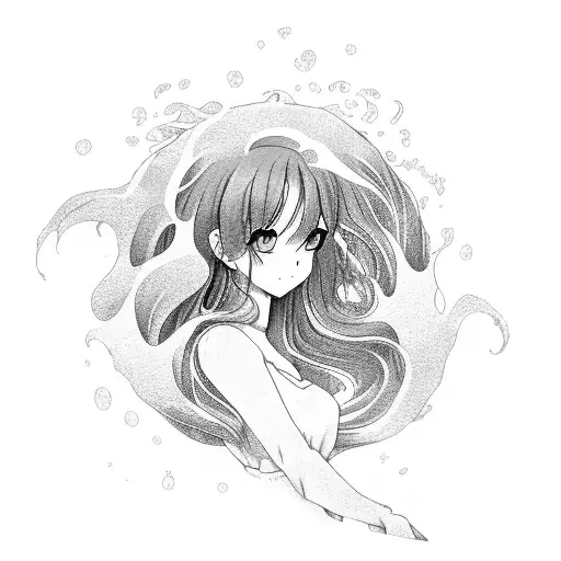 anime girl surrounded by flowing water in a twirl and back and white tattoo design idea