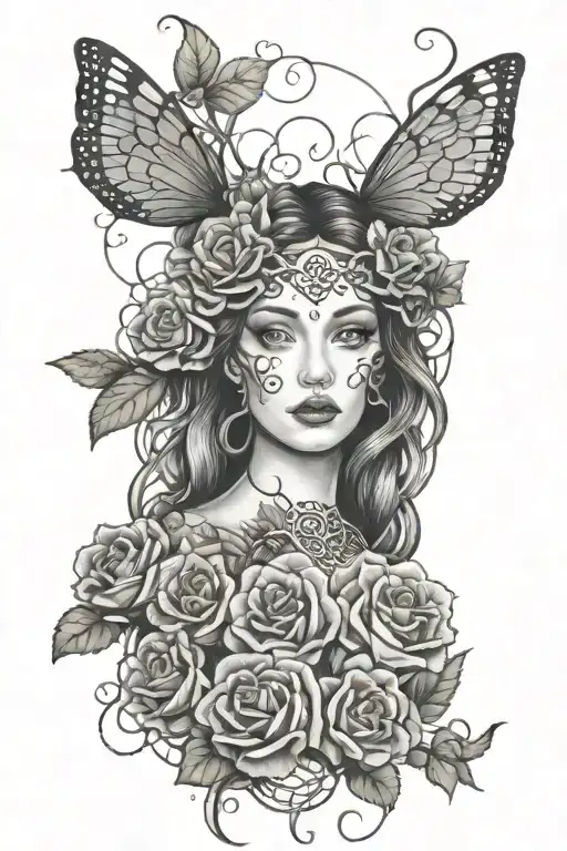 Mother Nature Medusa with honeycomb, bees, mushrooms, roses, and cardinals. tattoo design idea
