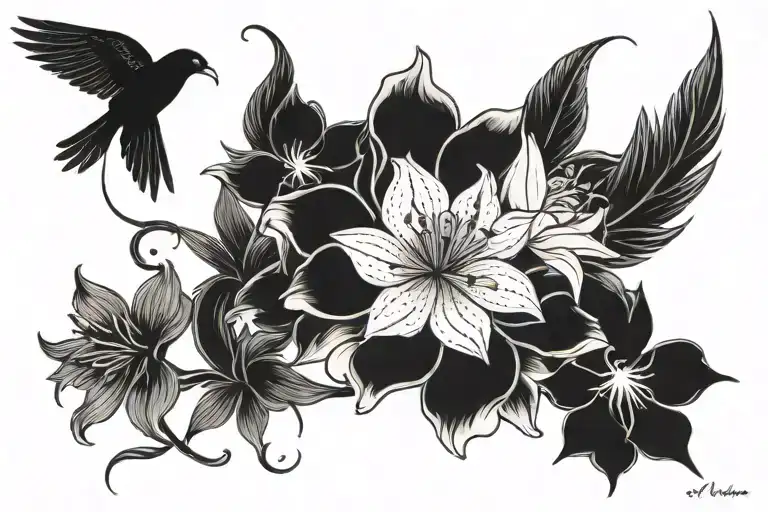 Rise from the darkness, trust in self, self growth, nature humanoid, exotic flowers, rare flowers, guardian angels  tattoo design idea