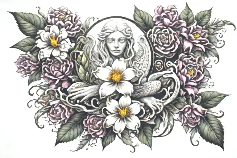 Rise from the darkness, trust in self, self growth, nature humanoid, exotic flowers, rare flowers, guardian angels  tattoo design idea