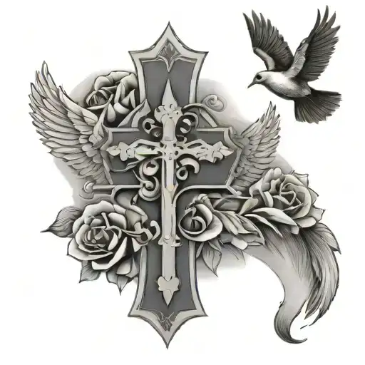 three cross tattoo with dove flying tattoo design idea