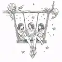 Mother with 2 daughters on the swing in the space looking at stars. Tattoo should show their back. tattoo design idea