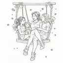 Mother with 2 daughters on the swing in the space looking at stars. Tattoo should show their back. tattoo design idea