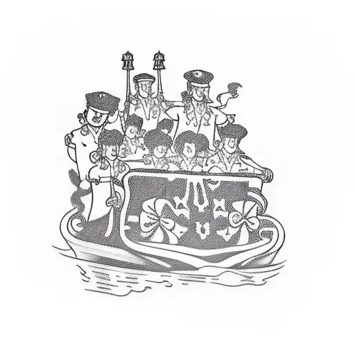 A traditional tattoo featuring a detailed illustration of a Studio Tour guide leading a group of people on a tram tattoo design idea
