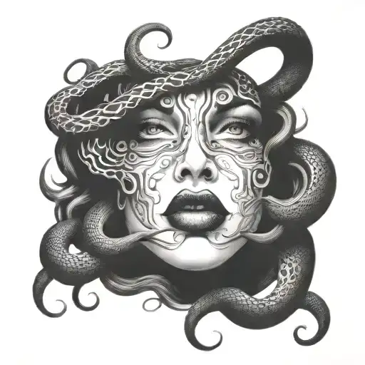 Medusa half face eyes snakes wrapped tattoo design idea