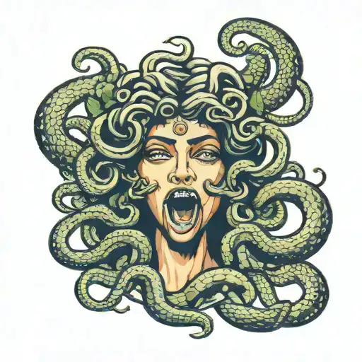 medusa with bold eyes and snakes covering mouth open with egyptian lotus flower   tattoo design idea
