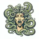 medusa with bold eyes and snakes covering mouth open with egyptian lotus flower   tattoo design idea