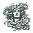 medusa with bold eyes and snakes covering mouth open with egyptian lotus flower   tattoo design idea