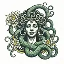 medusa with bold eyes and snakes covering mouth open with egyptian lotus flower   tattoo design idea