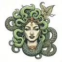 medusa with bold eyes and snakes covering mouth open with egyptian lotus flower   tattoo design idea