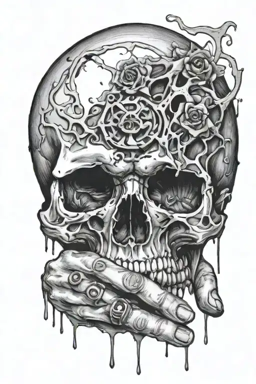 hand holding skull with fingers thru eyes and torn flesh  tattoo design idea
