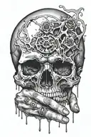 hand holding skull with fingers thru eyes and torn flesh  tattoo design idea