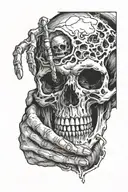 hand holding skull with fingers thru eyes and torn flesh  tattoo design idea