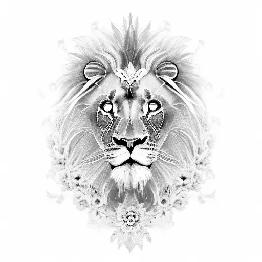 A mesmerizing black and grey lion composed entirely of intricate floral patterns, celebrating the beauty of your daughter's presence in your life tattoo design idea