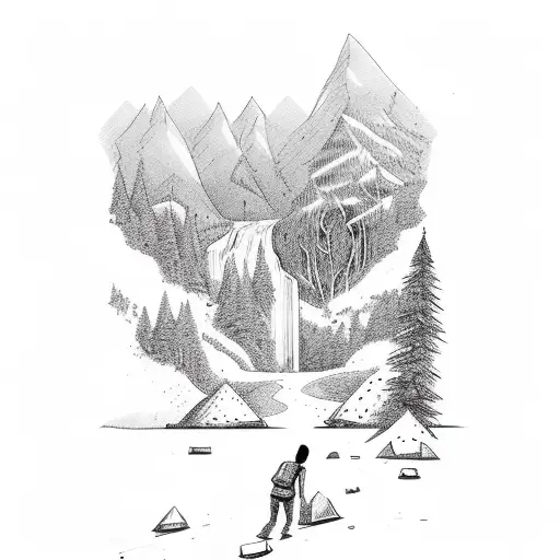 campsite with hikers and waterfall tattoo design idea