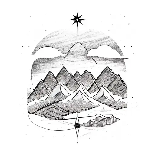 compass with mountains with hiking with mountain biking with camping tattoo design idea