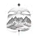 compass with mountains with hiking with mountain biking with camping tattoo design idea