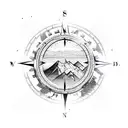 compass with mountains with hiking with mountain biking with camping tattoo design idea