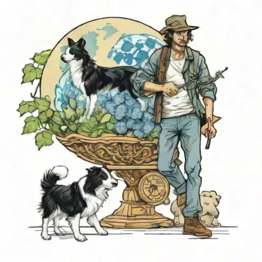 Man and a border collie wslking on the globe that is smiling, bordered by delphinium birth flowers  tattoo design idea