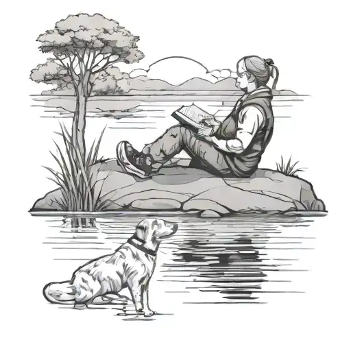 A peaceful scene of a special education teacher sitting by a tranquil lake, with a dog by their side and a book in hand tattoo design idea