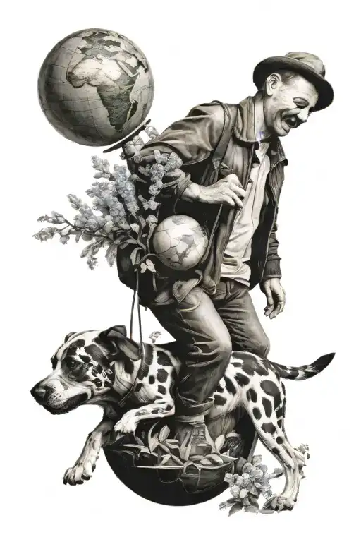 Man and a dog walking on a globe that is smiling, bordered by delphiniums tattoo design idea
